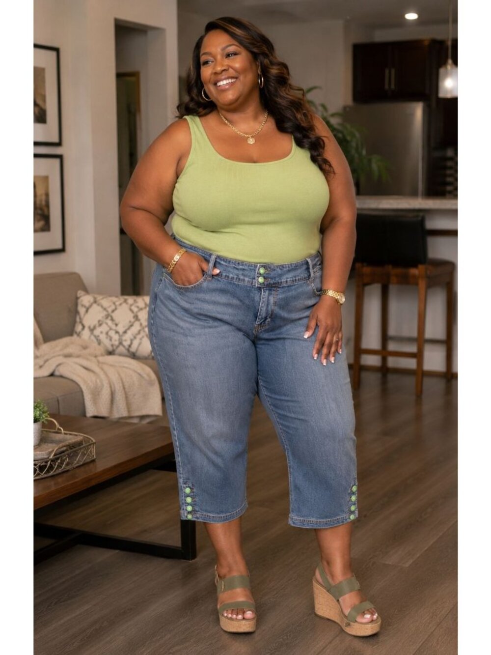 Venezia Size 22 Capri Jeans Denim Green Button Accents Mid Rise Cropped Fit - Picture 8 of 8